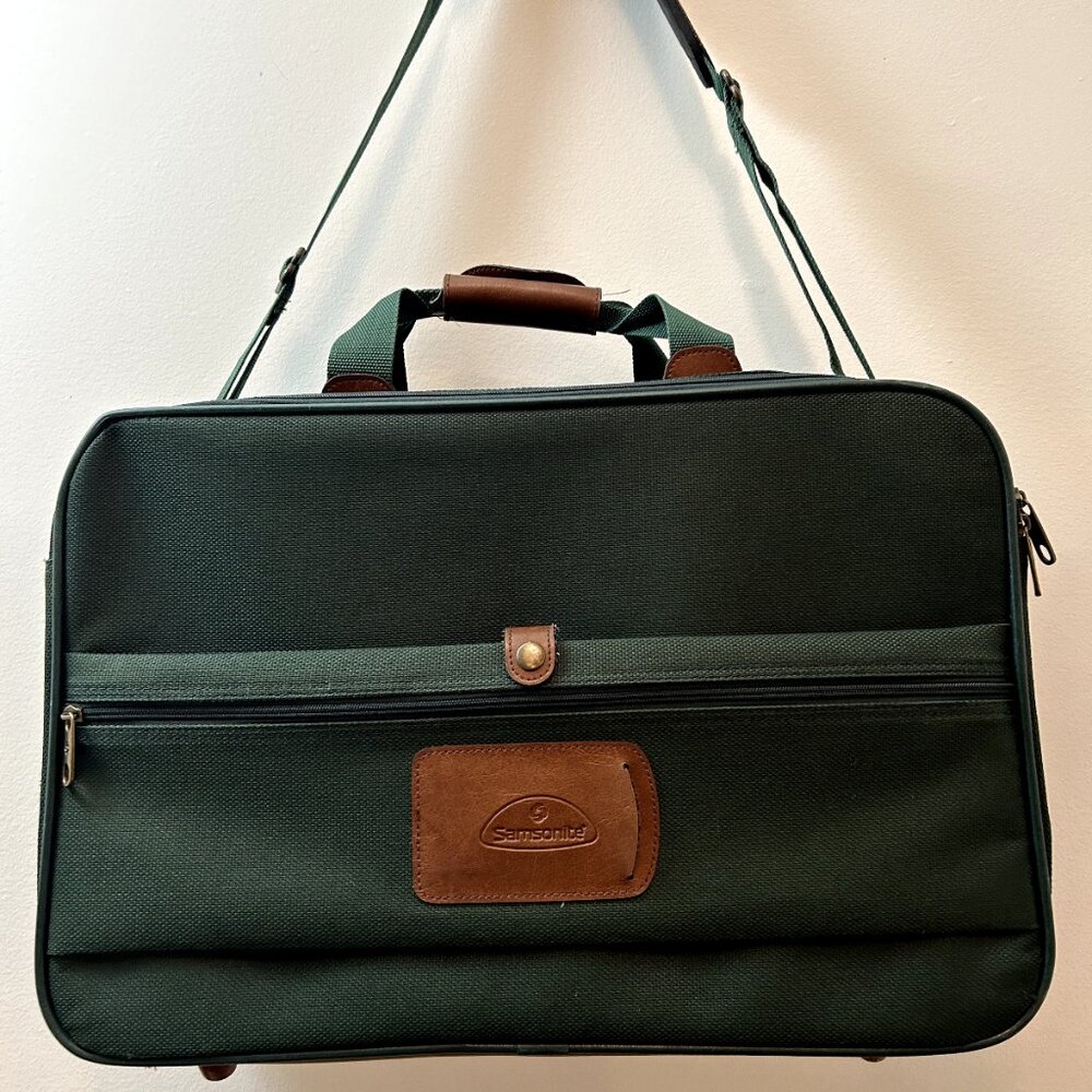 Vintage Samsonite Carry on Shoulder Overnight Bag Canvas & Leather Green 24*14*8